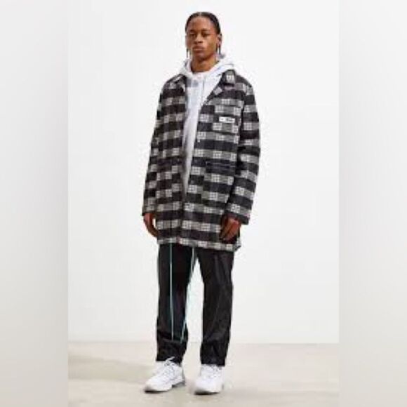 PUMA x RHUDE Plaid Longline Coach Coat Black White Check Turquoise Men's L NWT - Picture 12 of 12
